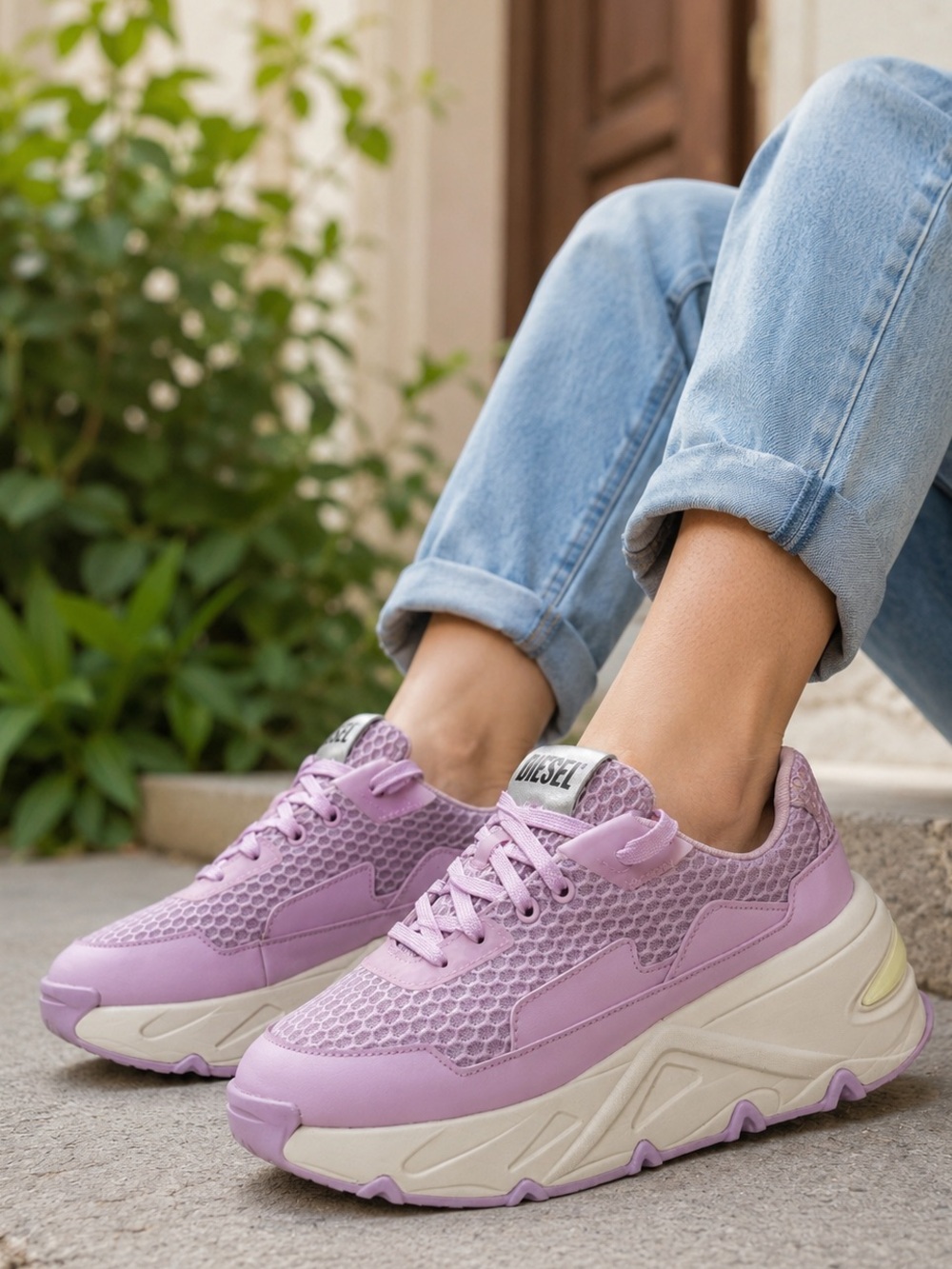 Diesel S-Herby LC Chunky Platform Sneakers Lilac Mesh Womens US 8 EU 38.5 Comfy